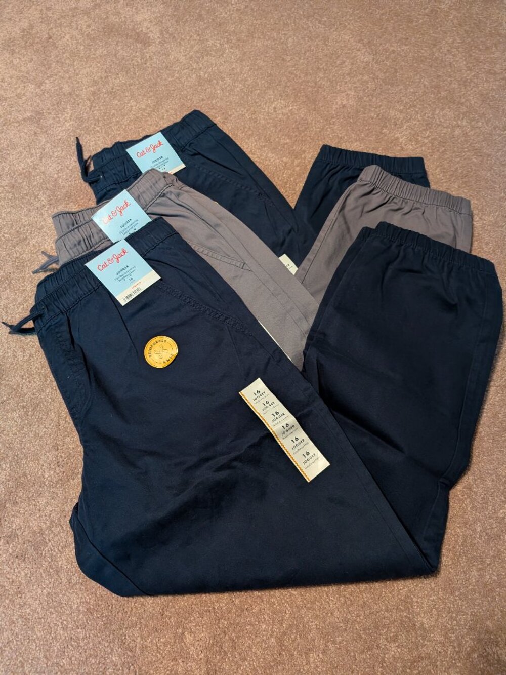 Lot 3 pair joggers, reenforced knees grey blue size 16